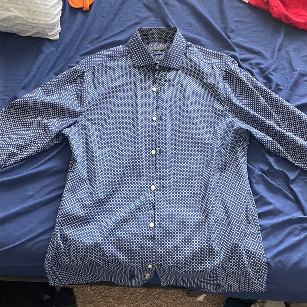 Perry Ellis Navy Patterned Slim Fit Shirt